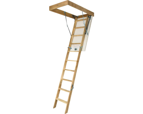 Scară de mansardă pliabilă din lemn cu ramă și feronerie metalică.