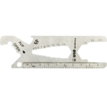 Unealtă multifuncțională din metal cu riglă, deschizător de sticle, diverse dimensiuni de chei și logo WGB Das Werkzeug.