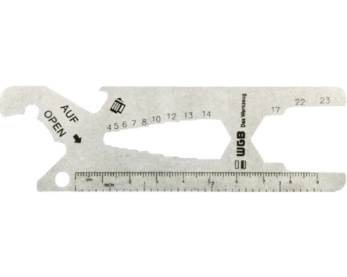 Unealtă multifuncțională din metal cu riglă, deschizător de sticle, diverse dimensiuni de chei și logo WGB Das Werkzeug.