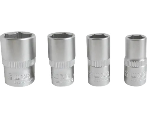 Patru capete de chei tubulare WGB din metal de diferite dimensiuni cu profil hexagonal.