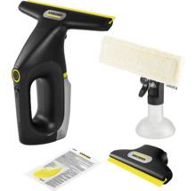 Set aspirator de geamuri Kärcher cu pulverizator, lavetă din microfibră, duză de aspirare îngustă și detergent.