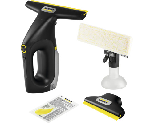 Set aspirator de geamuri Kärcher cu pulverizator, lavetă din microfibră, duză de aspirare îngustă și detergent.