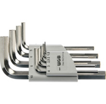 Set 9 chei imbus WGB, chei hexagonale din metal într-un suport gri, dimensiuni 1,5 până la 10 milimetri, WGB Logo.