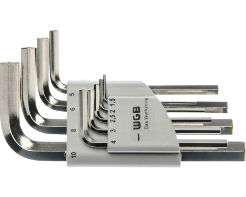 Set 9 chei imbus WGB, chei hexagonale din metal într-un suport gri, dimensiuni 1,5 până la 10 milimetri, WGB Logo.