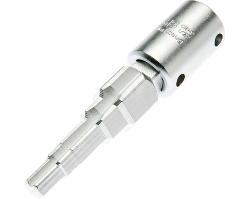 Cheie în trepte din oțel crom-vanadiu cu logo HB Werkzeug și acționare de 1/2 inch pentru robinete de radiator.