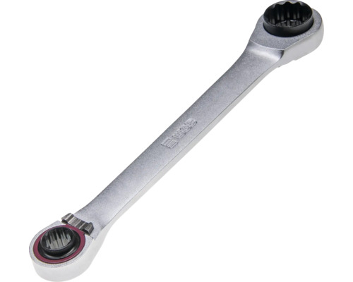 Cheie inelară dublă cu clichet WGB din metal cu două capete de clichet de dimensiuni diferite.
