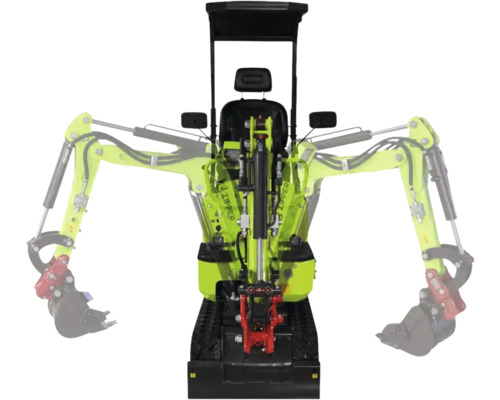 Miniexcavator Zipper în verde și negru cu reprezentarea brațului pivotant, șenile și acoperiș de protecție.