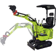 Miniexcavator Zipper verde cu șenile, braț de excavare reglabil și acoperiș de protecție.