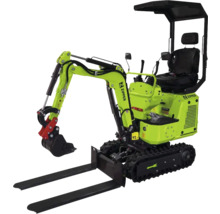 Miniexcavator Zipper cu șenile, cupă, furcă pentru paleți și acoperiș de protecție.