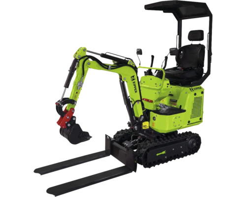 Miniexcavator Zipper cu șenile, cupă, furcă pentru paleți și acoperiș de protecție.
