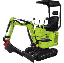 Miniexcavator Zipper cu șenile, cupă, scaun pentru operator cu acoperiș de protecție și lamă de nivelare. Zipper Logo.