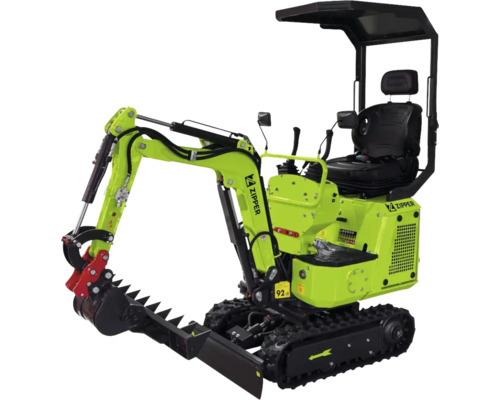 Miniexcavator Zipper cu șenile, cupă, scaun pentru operator cu acoperiș de protecție și lamă de nivelare. Zipper Logo.