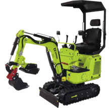 Miniexcavator Zipper verde cu șenile din cauciuc, cupă și acoperiș de protecție.