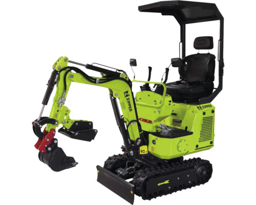Miniexcavator Zipper verde cu șenile din cauciuc, cupă și acoperiș de protecție.