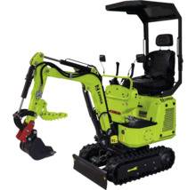 Miniexcavator Zipper verde cu șenile, braț de excavare, cupă și acoperiș de protecție negru.