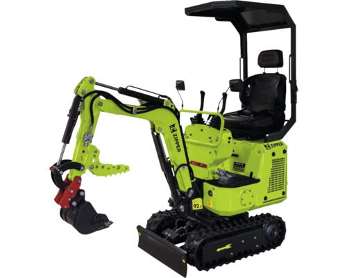 Miniexcavator Zipper verde cu șenile, braț de excavare, cupă și acoperiș de protecție negru.