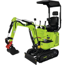 Miniexcavator Zipper verde cu șenile, acoperiș de protecție, lamă de buldozer și cupă.