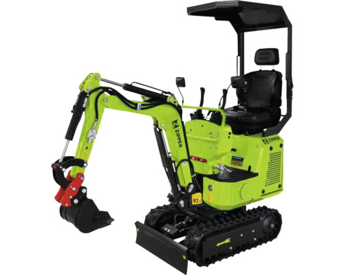 Miniexcavator Zipper verde cu șenile, acoperiș de protecție, lamă de buldozer și cupă.