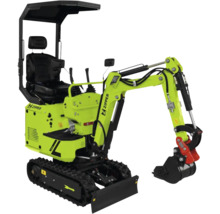 Miniexcavator Zipper cu șenile, lamă de nivelare, acoperiș de protecție și cupă.