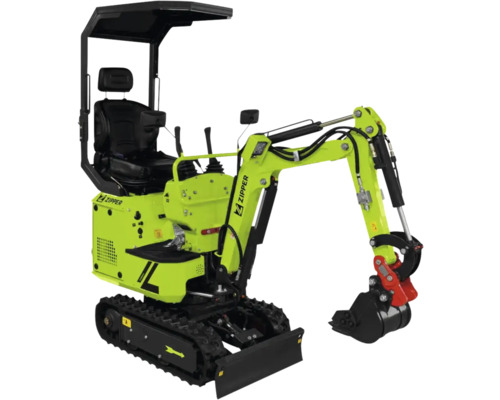 Miniexcavator Zipper cu șenile, lamă de nivelare, acoperiș de protecție și cupă.