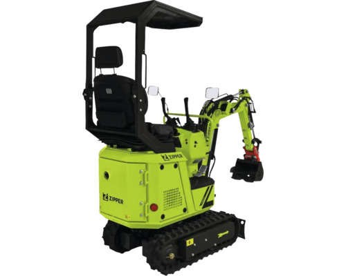 Miniexcavator Zipper cu șenile, braț de excavare și acoperiș de protecție pentru lucrări de construcție.