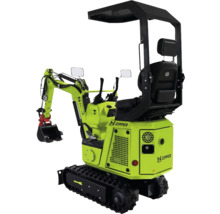 Miniexcavator Zipper cu acoperiș, șenile și cupă în culoarea verde-galben.
