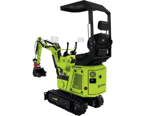 Miniexcavator Zipper cu acoperiș, șenile și cupă în culoarea verde-galben.