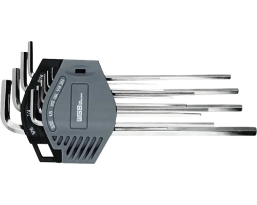 Set de chei imbus WGB din metal în dimensiuni inch într-un suport gri.