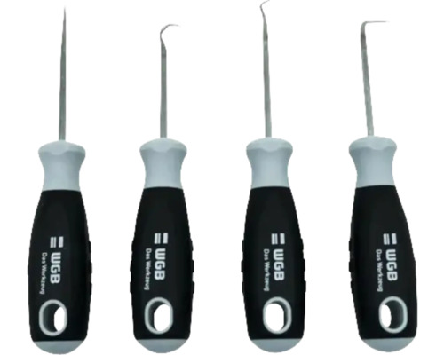 Set de 4 cârlige și ace WGB cu mânere ergonomice negru gri și vârfuri din oțel argintiu.