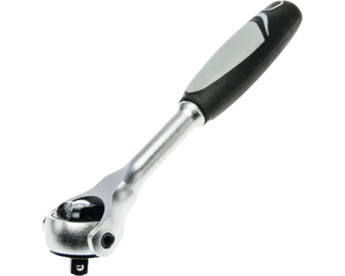 Clichet reversibil argintiu din metal cu mâner ergonomic negru-gri și antrenare pătrată.