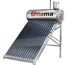 Încălzitor solar de apă Fiama cu tuburi vidate și rezervor din oțel inoxidabil pe cadru metalic. Fiama Logo.