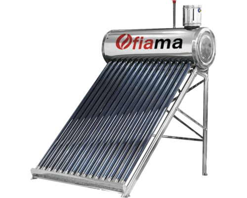 Încălzitor solar de apă Fiama cu tuburi vidate și rezervor din oțel inoxidabil pe cadru metalic. Fiama Logo.