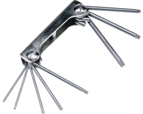 Set chei Torx pliabile din metal cu mai multe chei de diferite dimensiuni.