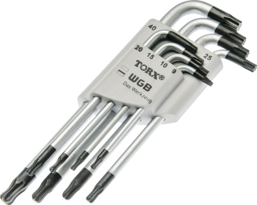 Set de chei profil Torx WGB de diferite dimensiuni în suport din plastic.