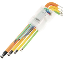 Set de 9 chei imbus WGB cu cap sferic, dimensiuni 1,5 până la 10 milimetri, manșoane din plastic codificate pe culori, WGB Logo.