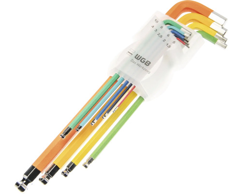 Set de 9 chei imbus WGB cu cap sferic, dimensiuni 1,5 până la 10 milimetri, manșoane din plastic codificate pe culori, WGB Logo.