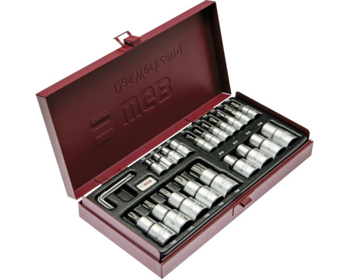 Set de chei tubulare WGB pentru șuruburi Torx într-o cutie metalică roșie, mai multe piese.