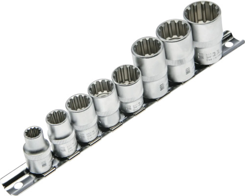 Set chei tubulare stelate pe șină metalică, 9 piese din oțel crom-vanadiu.