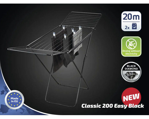 Uscător rufe negru Classic 200 Easy, 20 metri lungime uscare, pentru două mașini de spălat, pliabil, fără curent, fabricat în Europa.