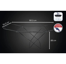 Uscător de rufe cu aripi din metal negru, lățime 181,5 centimetri, înălțime 88 centimetri, adâncime 54,5 centimetri, rezistent, două suporturi.