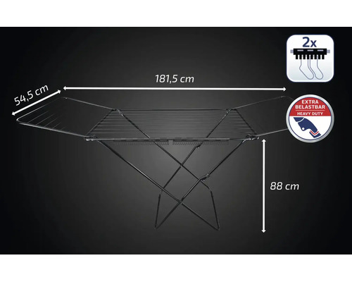 Uscător de rufe cu aripi din metal negru, lățime 181,5 centimetri, înălțime 88 centimetri, adâncime 54,5 centimetri, rezistent, două suporturi.