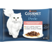 Logo Purina, hrană Gourmet Perle multipack, 4 plicuri de 85 grame, vită, pui, iepure, somon, ingrediente de înaltă calitate, pisică albă.