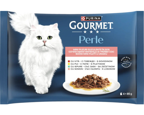 Logo Purina, hrană Gourmet Perle multipack, 4 plicuri de 85 grame, vită, pui, iepure, somon, ingrediente de înaltă calitate, pisică albă.