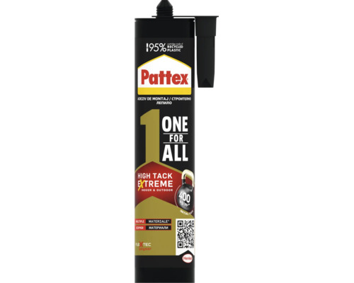 Adeziv Pattex One For All High Tack Extreme, tub din 95 la sută plastic reciclat, pentru interior și exterior. Pattex Logo, Henkel Logo.