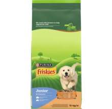 Hrană uscată pentru căței Purina Friskies Junior cu pui, legume și lapte, pachet de 15 kilograme, Purina Logo, Friskies Logo.