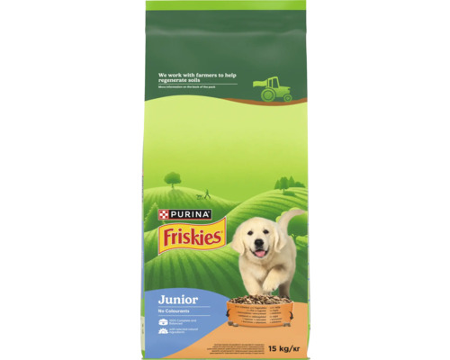 Hrană uscată pentru căței Purina Friskies Junior cu pui, legume și lapte, pachet de 15 kilograme, Purina Logo, Friskies Logo.