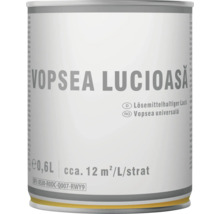 Cutie de 0,6 litri vopsea lucioasă universală pe bază de solvent, randament circa 12 metri pătrați pe litru pe strat.