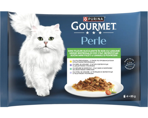 Hrană pentru pisici Purina Gourmet Perle mini fileuri în sos cu legume 4 ori 85 grame