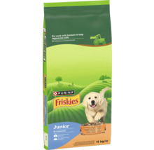 Purina Friskies Junior hrană uscată pentru căței cu pui, legume și lapte, 15 kilograme.