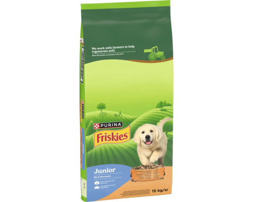 Purina Friskies Junior hrană uscată pentru căței cu pui, legume și lapte, 15 kilograme.